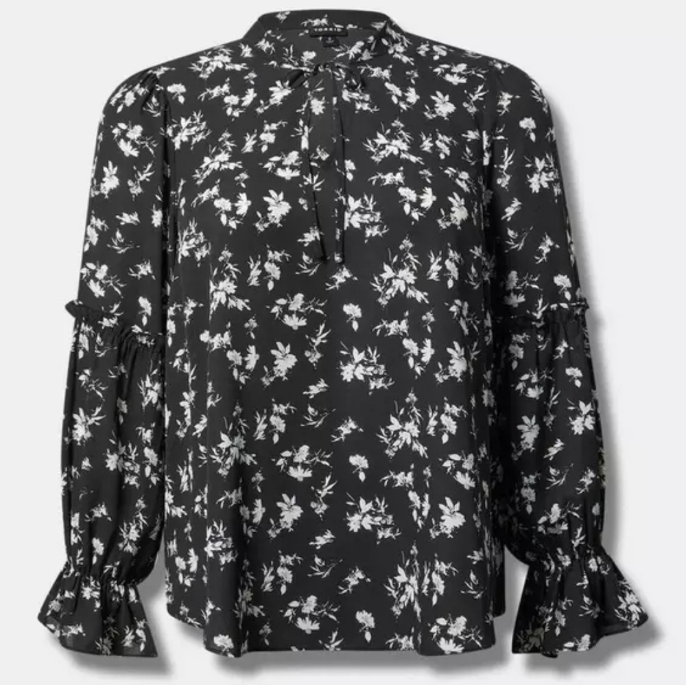 New Torrid Black Floral Georgette Ruffle Long Sleeve Blouse, 2X